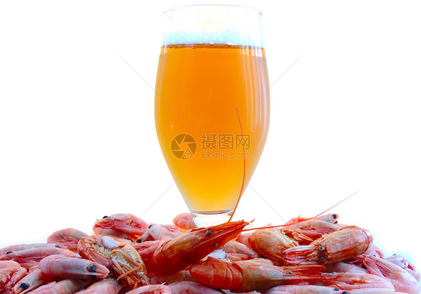 啤酒和虾虾粉色白色橙子小吃黄色营养泡沫红色美味熟食图片