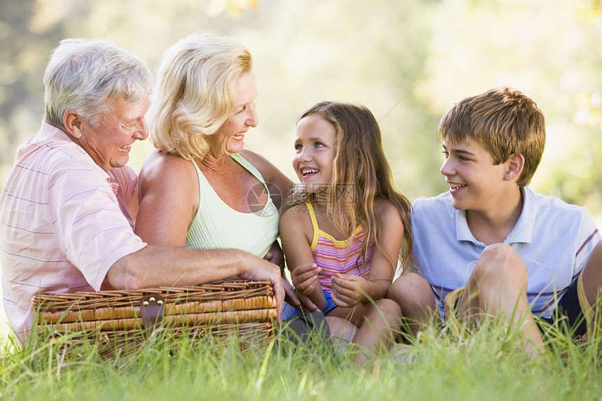 祖父母与孙子女一起野餐女孩祖母女士孩子男性老年三个人婴儿潮乐趣公园图片
