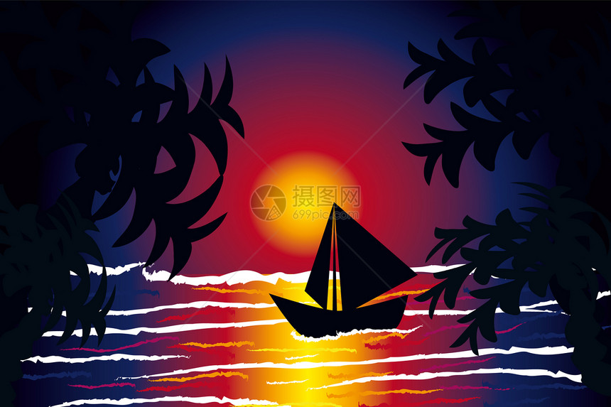 海上日落插图黄色波浪蓝色海景创造力紫色热带棕榈太阳图片