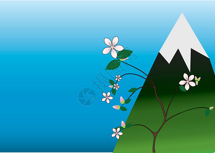 山抛子泉水的樱花和山峰插画