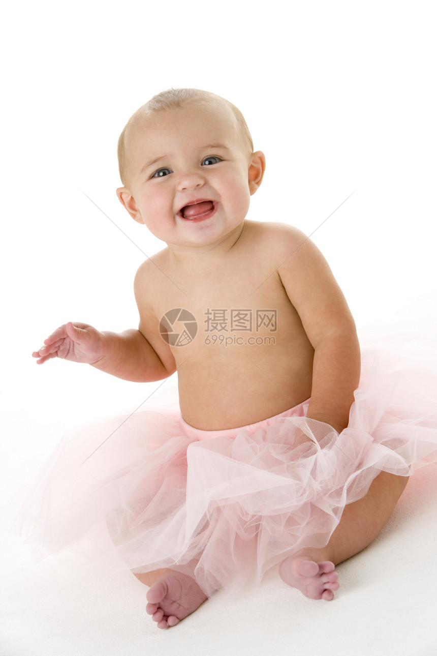 穿着贝塔图的婴儿女性女孩影棚短裙奇装异服乐趣微笑芭蕾舞演员相机图片