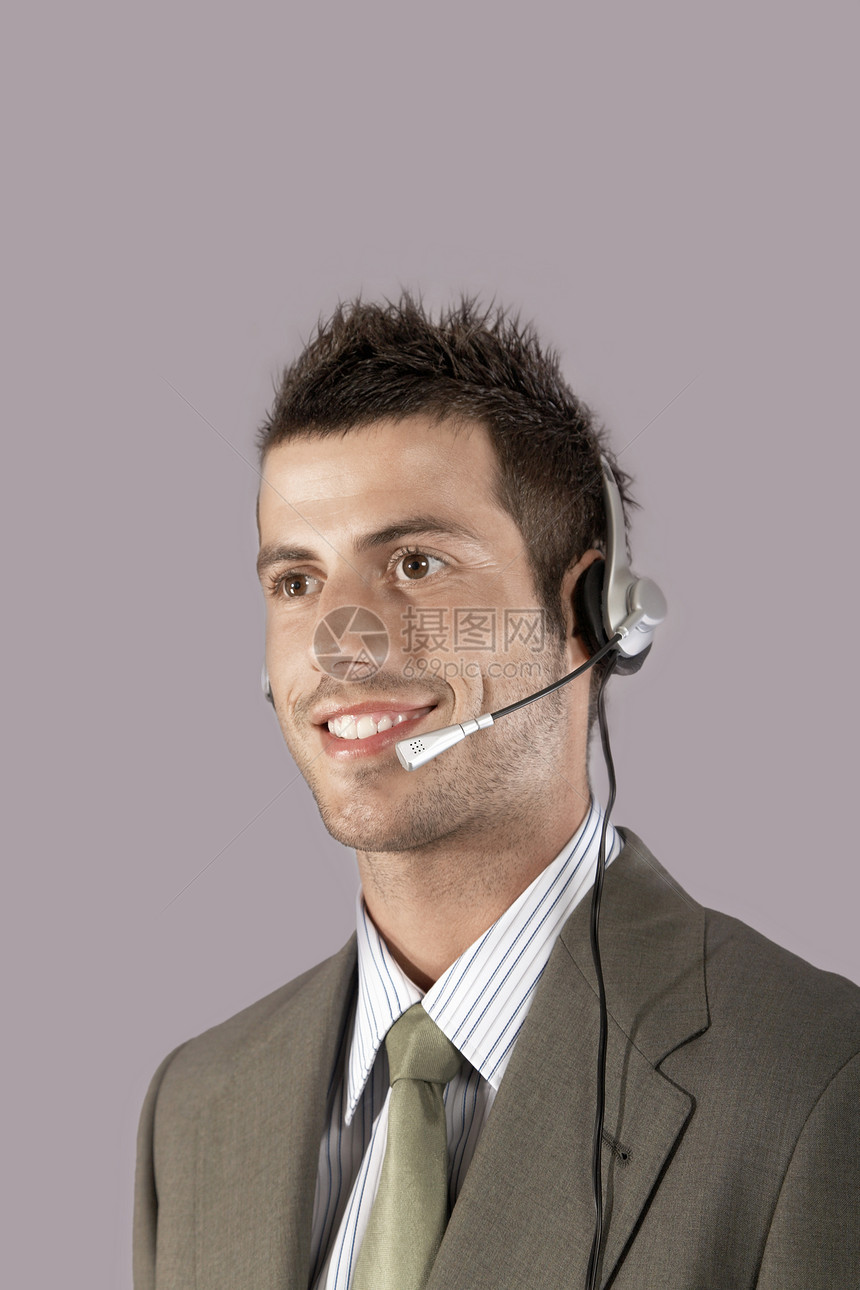 拥有电话耳机的商务人士空格处服务伙计们客户人士空间通讯代表商务音响图片