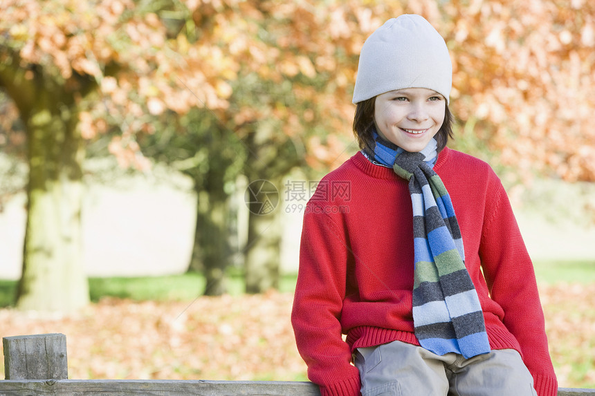 坐在栅栏上微笑的公园户外青年男孩情感外表孩子们男生人种击剑焦距男性收腰孩子图片