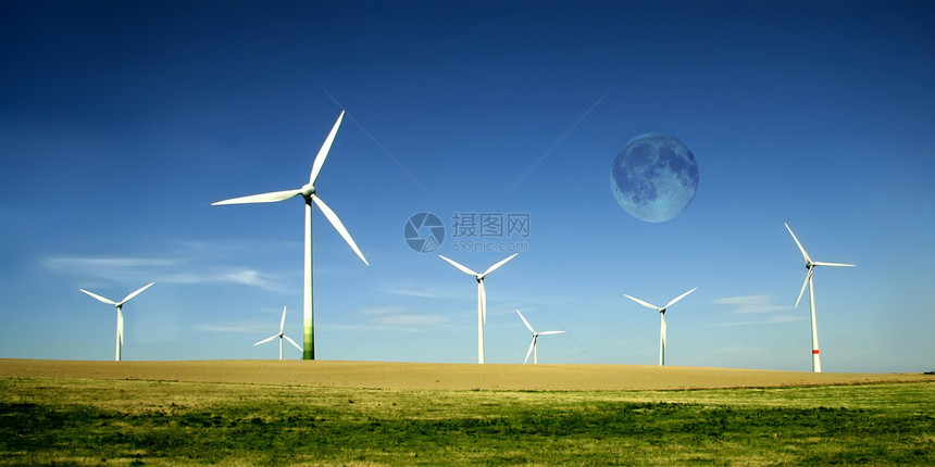 高月亮风力涡轮机农场技术植物月亮生产旋转大草原涡轮环境场地来源图片
