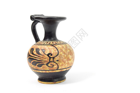 古希腊花瓶陶瓷纪念品水壶黄色棕色陶器装饰品黑色宏观白色背景图片