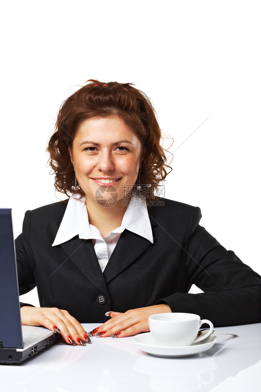 一名优雅的女商务人士在工作场所的肖像女士机动性衣服女性电脑技术成人衣领工人白色图片