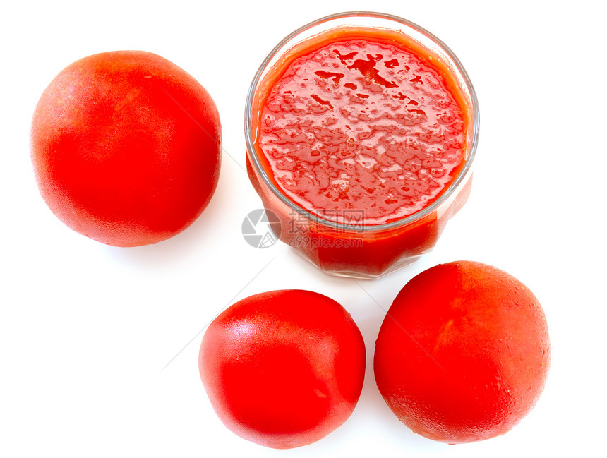玻璃和西红柿中的新鲜番茄汁蔬菜产品果汁红色营养白色图片