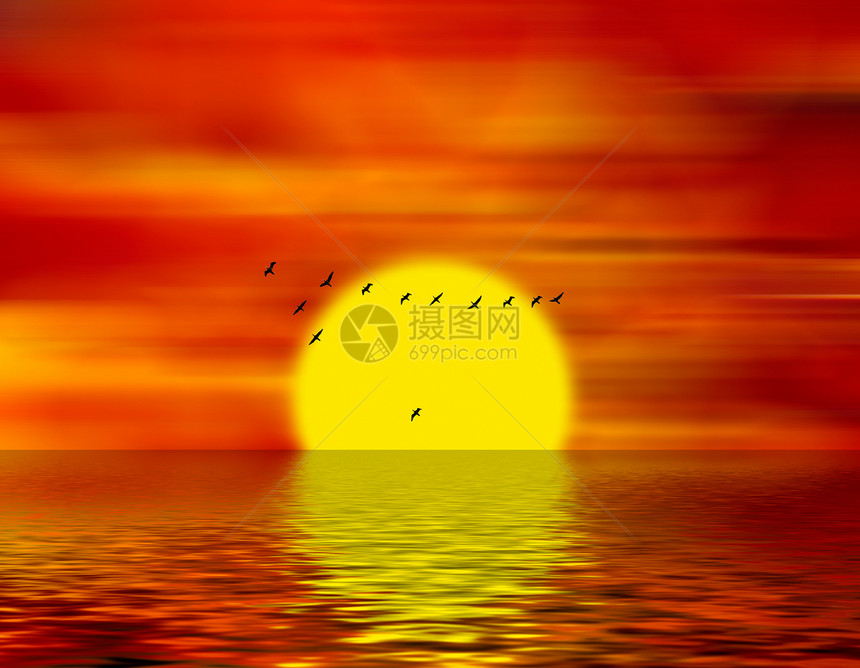 括号情绪飞行黄色橙子镜像反射地平线红色鹅群日落图片