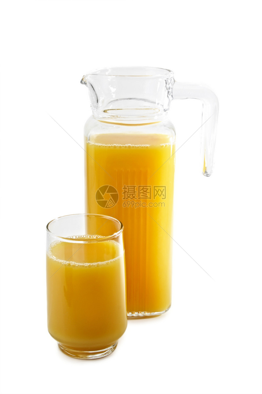 橙汁罐和玻璃热带橙子饮食水果早餐白色黄色液体果汁水壶图片