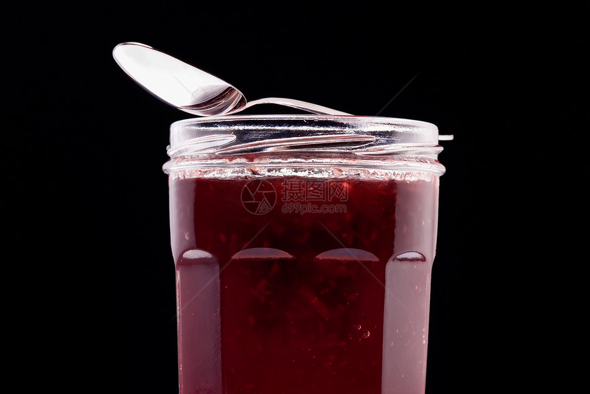 果酱和茶匙甜点水果营养玻璃红色勺子食物图片