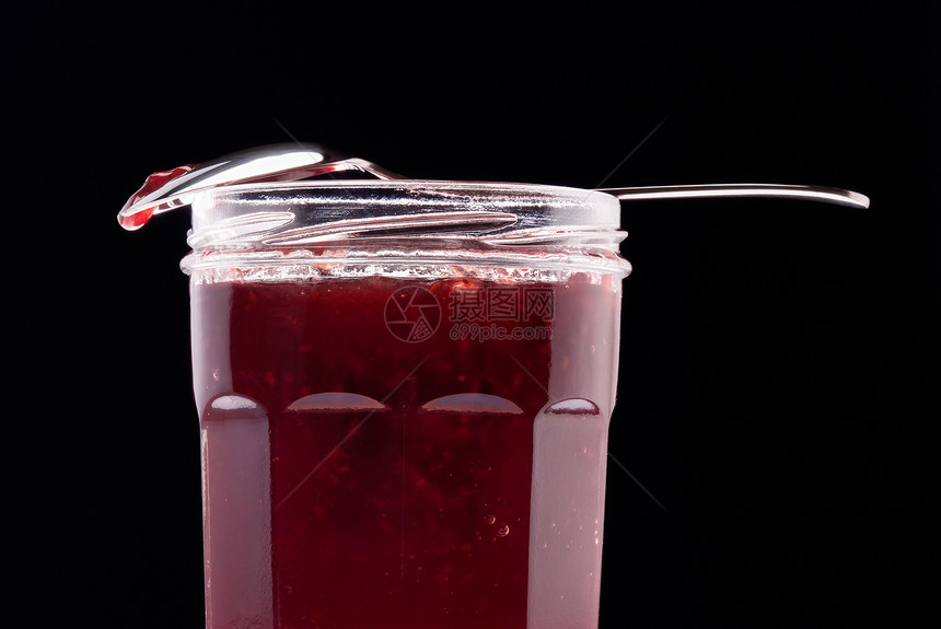 果酱和茶匙食物水果红色甜点勺子营养玻璃图片