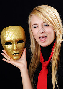 戴金色面具金色金色女孩青少年金发剧院女性青年金子背景图片