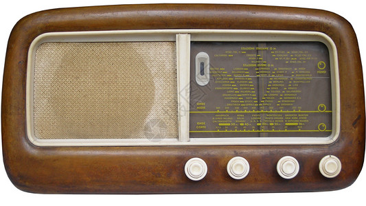 旧调频无线电调音器播送天线木头电子产品白色音乐背景图片