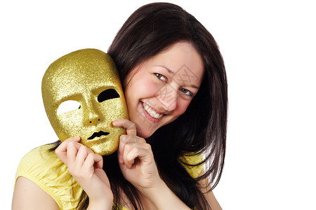 黄色戏剧面具持有金面罩的女童喜剧面具牙齿女士白色金子剧院女孩游戏戏剧性背景