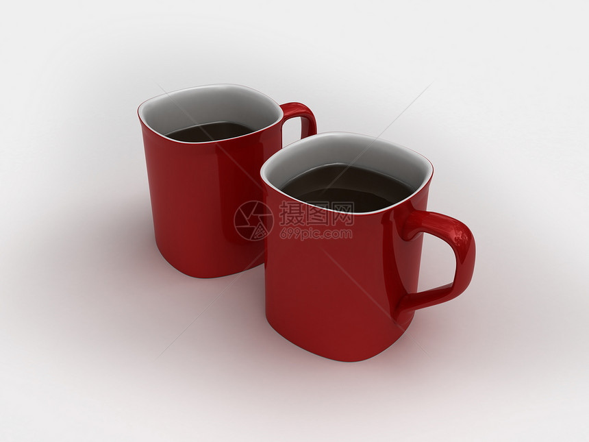 Highres隔离两个咖啡杯午餐早餐时光小吃时间红色休闲杯子棕色咖啡图片