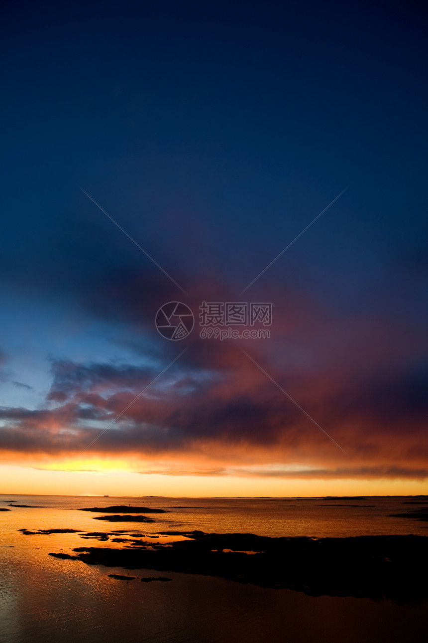 海洋日落海景地平线天空峡湾力量橙子太阳冻结蓝色岩石图片