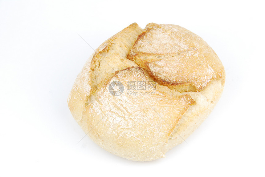 新鲜白面包和自制白面包小麦粮食早餐棕色硬皮圆圈种子圆形白色工作室图片