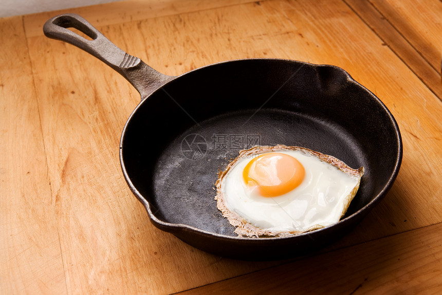 炸鸡蛋早餐投掷煎锅灯光木头黑色晴天食物平底锅黄色图片
