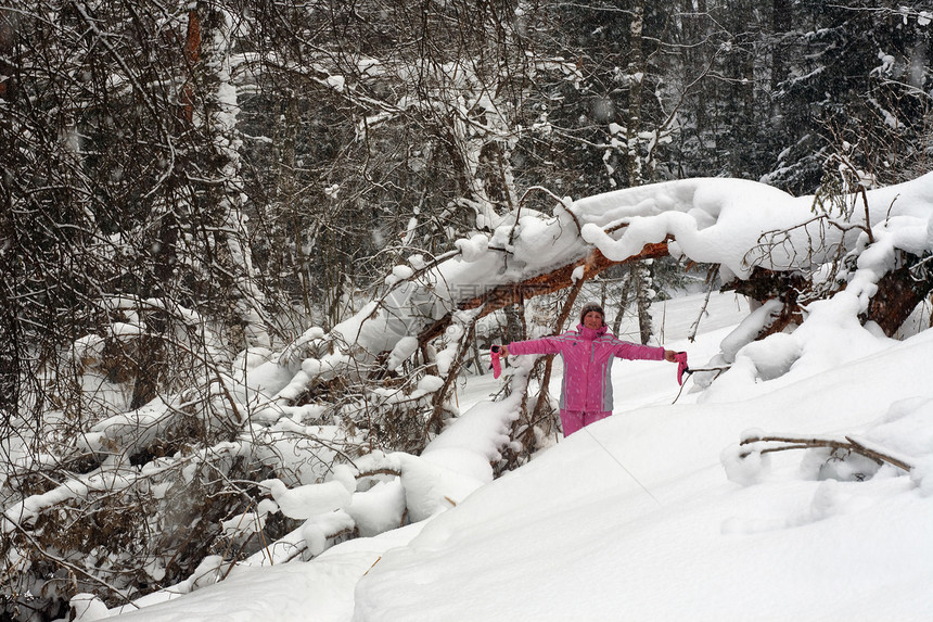 冬季风景白色女士蓝色粉色冻结森林图片