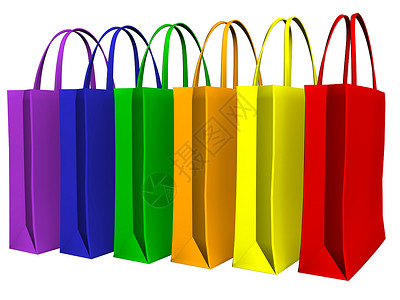 彩色购物袋顾客黄色蓝色礼物店铺纸袋橙子绿色购物红色背景图片