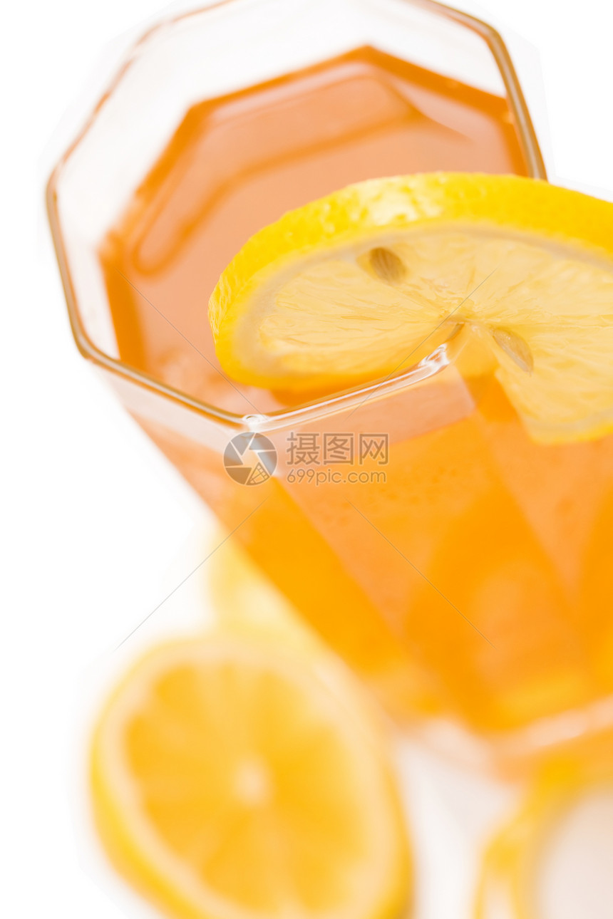 一杯冰茶液体玻璃果汁水果茶点柠檬黄色杯子圆圈图片
