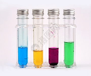 四瓶化学药品空白水平管子实验烧杯无色蓝色容量高清图片