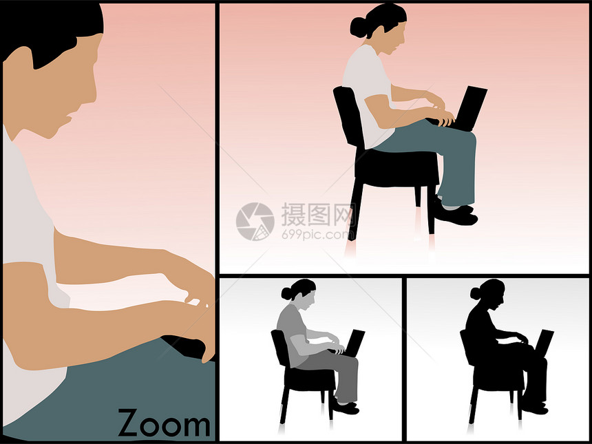 从事笔记本电脑工作的男子椅子白色墙纸艺术衣服艺术品插图男人冒充姿势图片