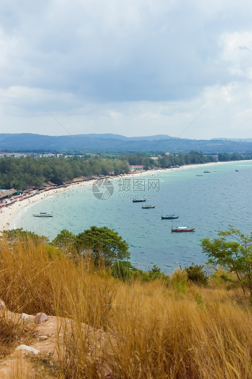 西哈努克海滩椅子海岸旅游假期条纹海滩太阳白色海岸线支撑图片