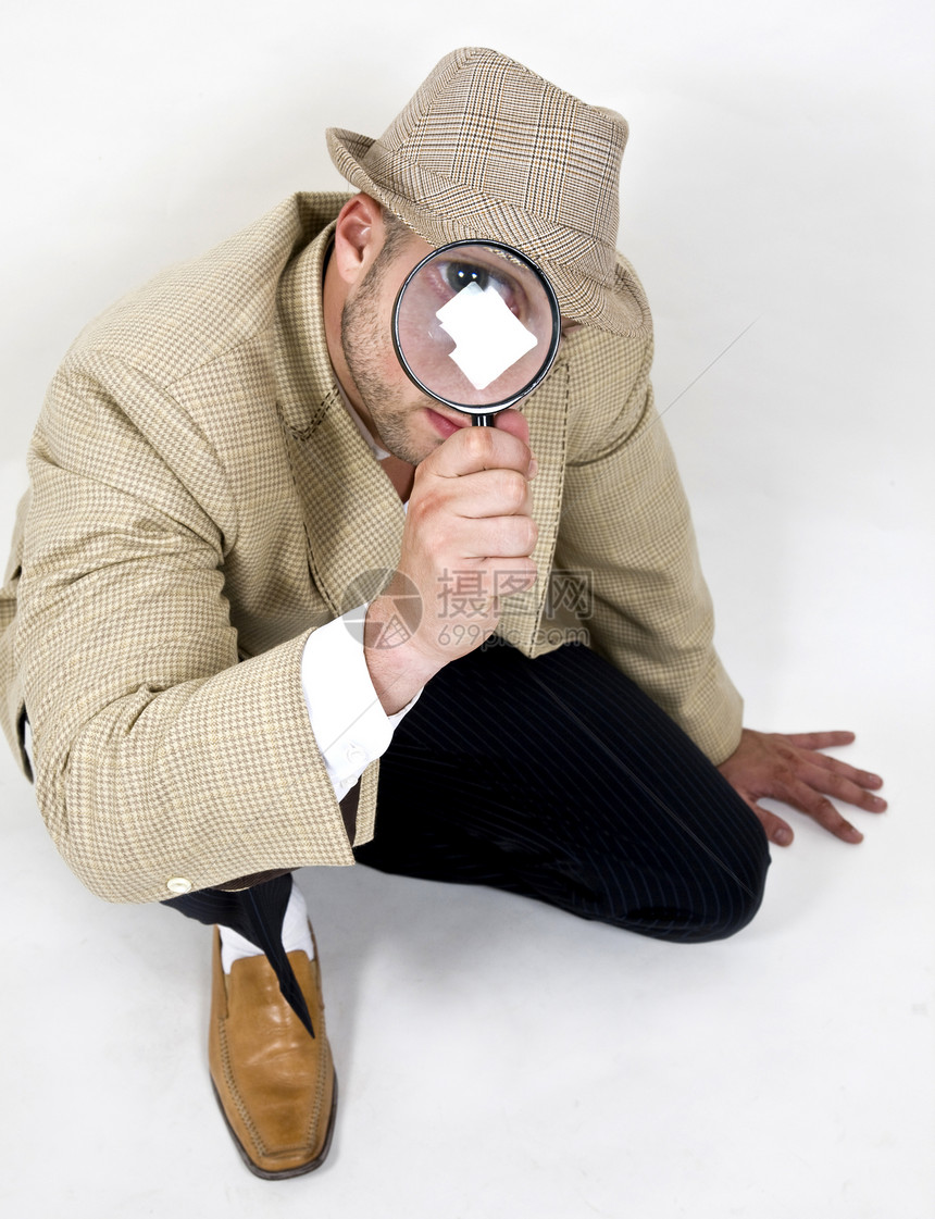 放大眼套装白色检查男性镜片帽子男人侦探工具调查图片