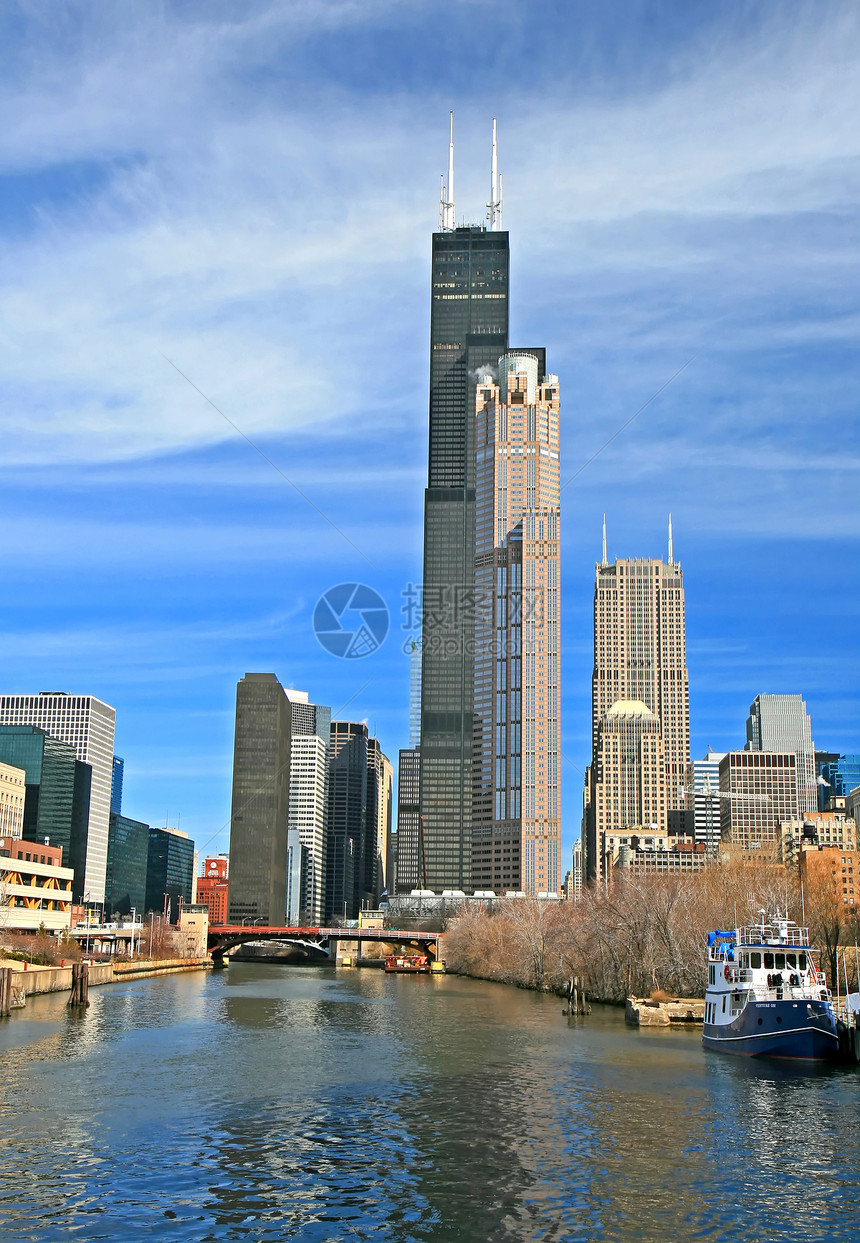 芝加哥高楼大楼的高层建筑天际景观吸引力旅游明信片金融码头地标场景蓝色图片