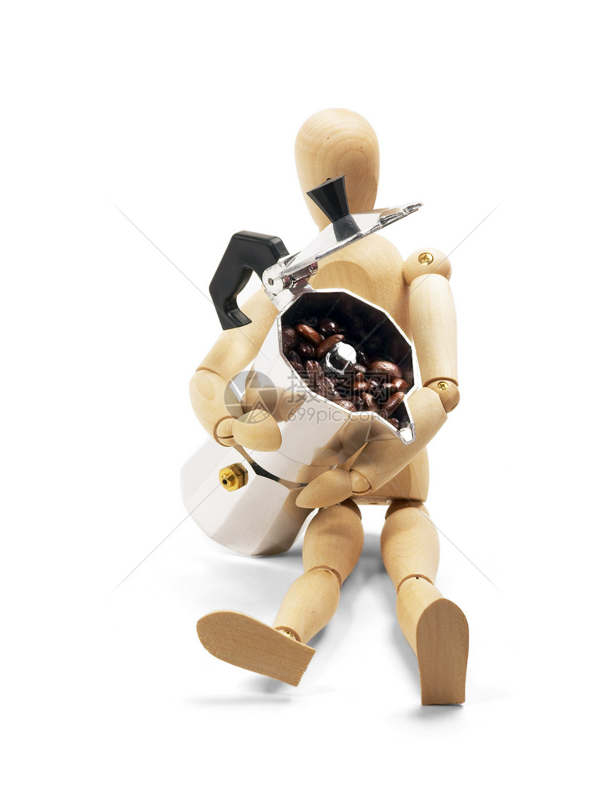 木制假人和咖啡机白色咖啡艺术家玩具豆子身体木偶模型棕色机器图片