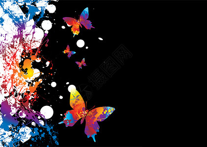 蝴蝶边框插图黑色白色黄色花瓣墨水紫色彩虹蓝色艺术背景图片