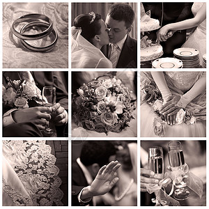 九张照片素材九张结婚照片的拼凑花束玻璃珠子珠宝项链宝石丝带套装新娘鞋类背景