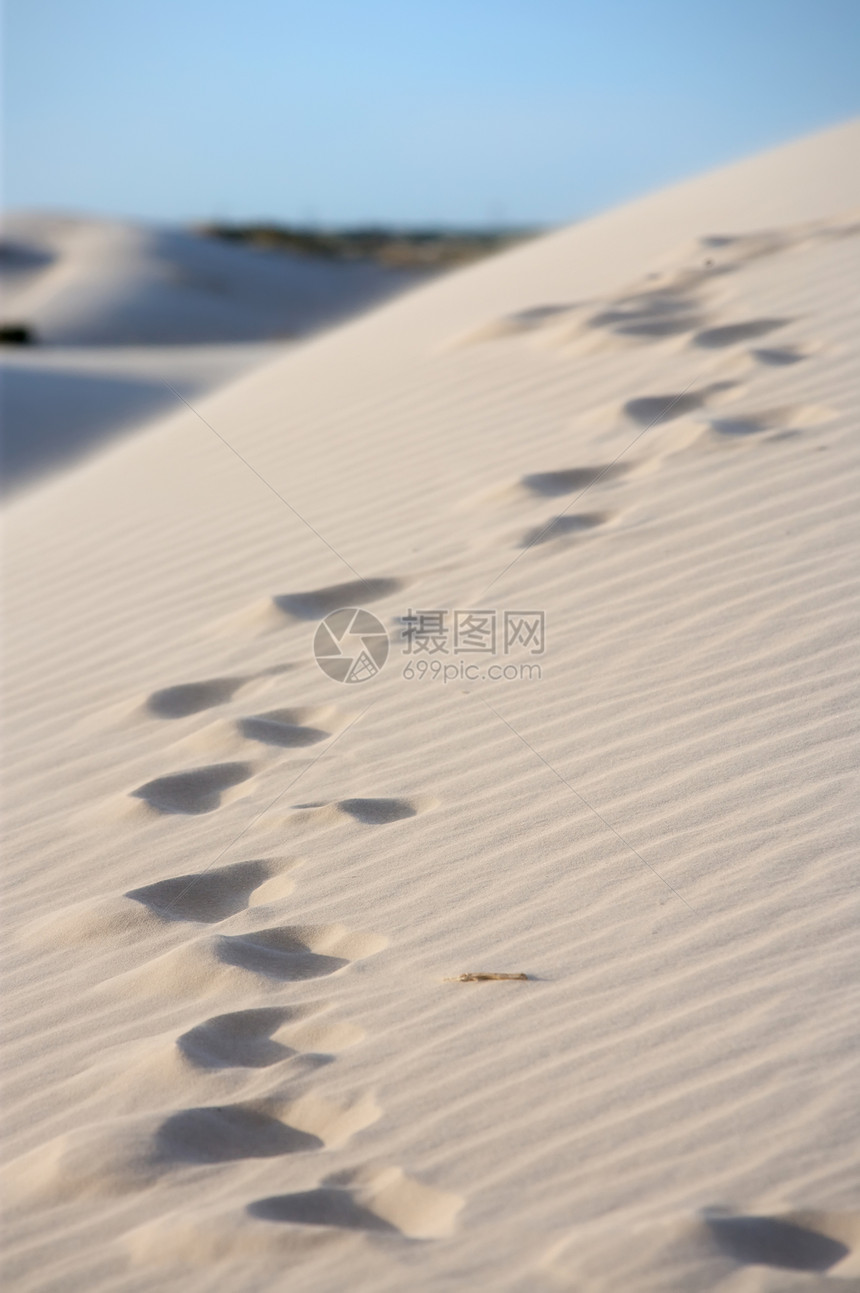 沙丘中的脚印日落地形小路晴天蓝色天空风景旅行海浪沙漠图片