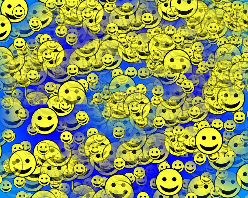 许多快乐的面孔蓝色喜悦尺寸微笑圆形幸福黄色插图圆圈概念图片