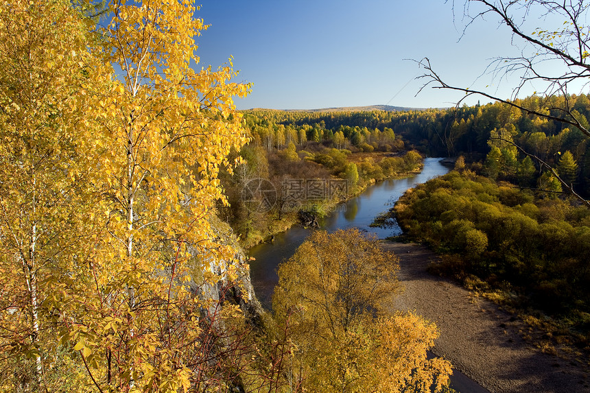 公园鹿溪蓝色金子绿色岩石黄色落叶天空叶子红色树木图片