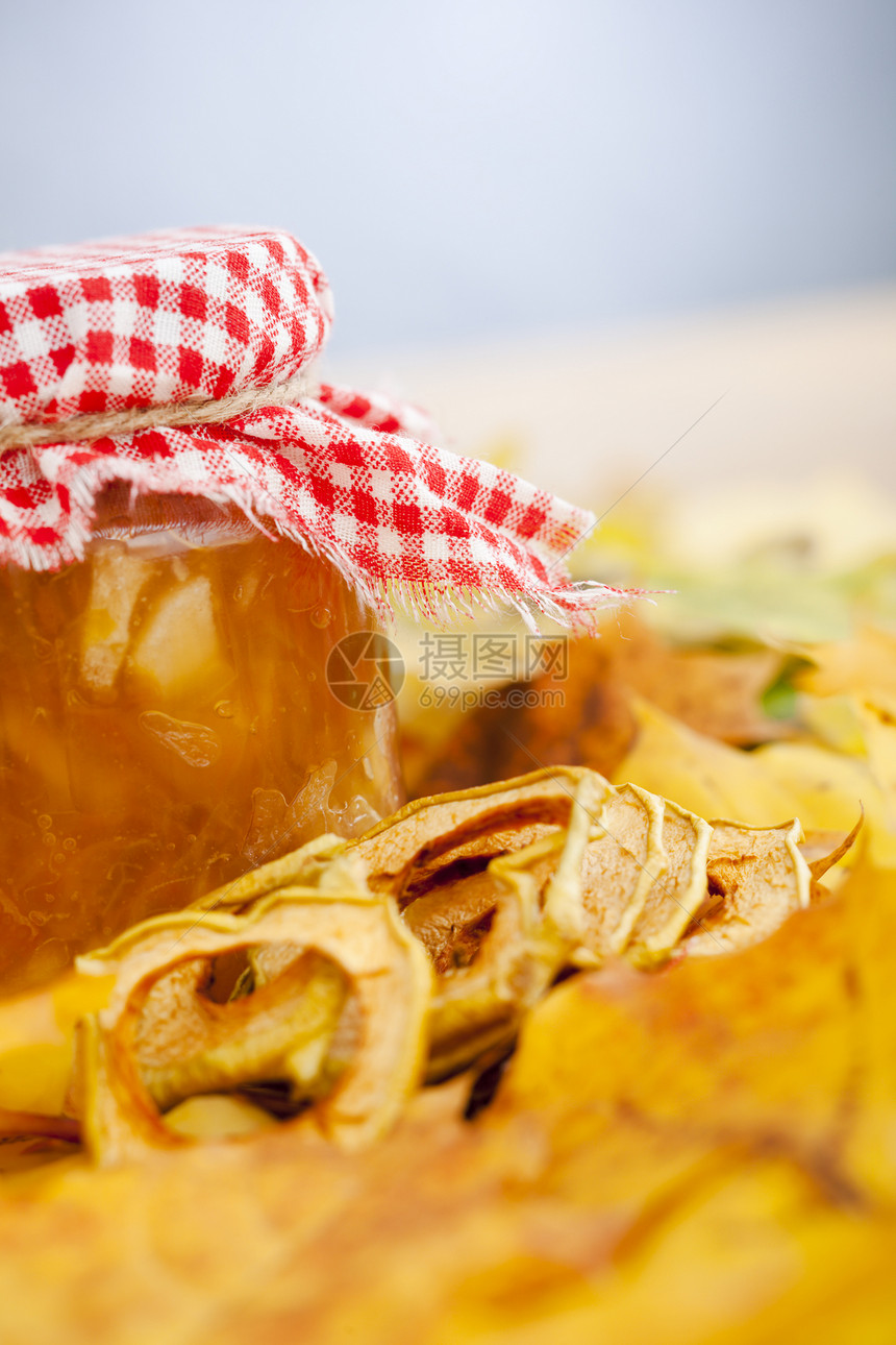苹果果酱树叶烹饪维生素早餐产品装罐玻璃甜点水果叶子图片