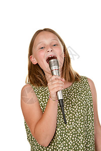 年轻女孩唱着孤立的白歌音乐乐趣唱歌孩子白色青少年麦克风女性背景图片