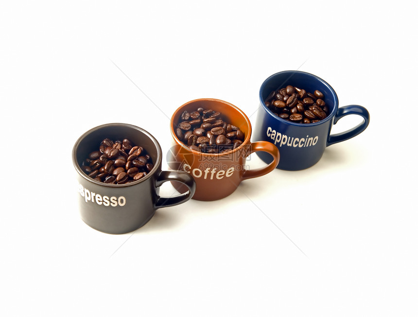 含咖啡豆的咖啡杯豆子酿造棕色橙子咖啡馆商品研磨蓝色杯子丰收图片