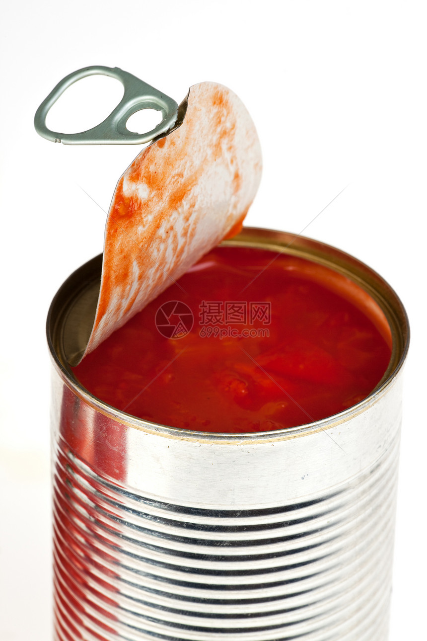 罐头生菜和白上孤立的西红柿红色罐头圆柱金属食物营养蔬菜罐装产品养护图片