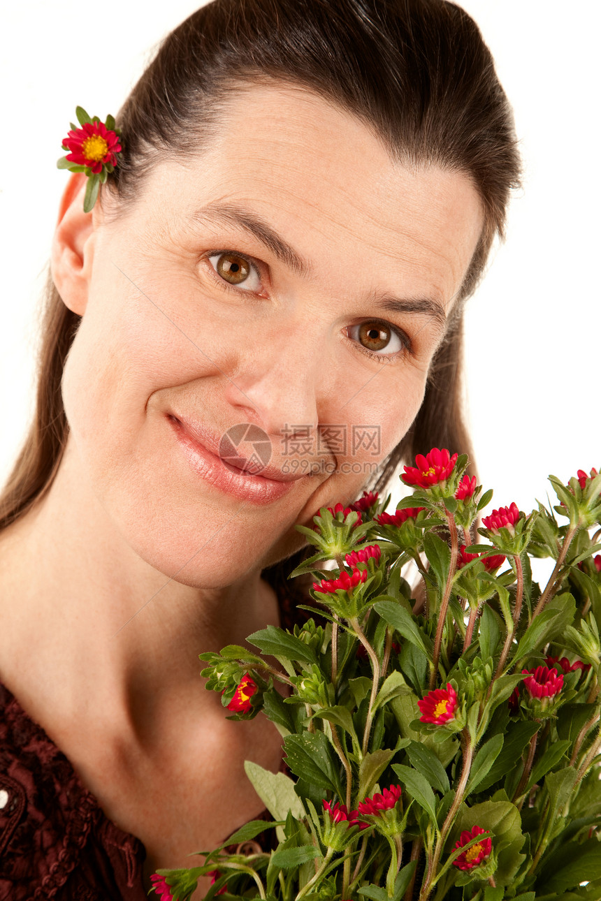 美女与花花植物群花束黄色快乐园丁植物采摘野花粉色女性图片