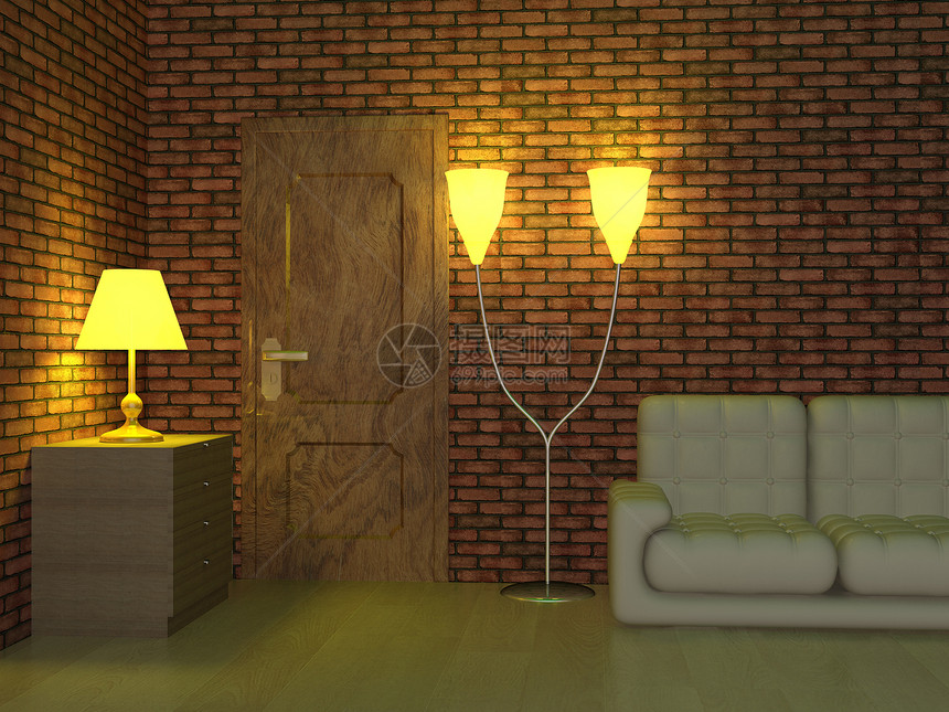 客厅内部的3D图像玻璃房间享受建筑学休息照明家具地面桌子地毯图片