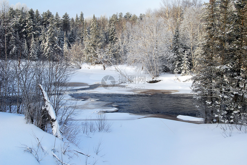 温冬河白色天空森林风景下雪蓝色场景图片