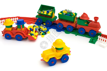 玩具铁路绿色孩子游戏机车车皮机器平台车辆蓝色黄色背景图片