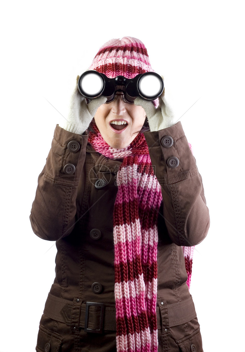 圣诞节女孩夹克女性眼镜镜片帽子枝条手套羊毛望远镜庇护所图片