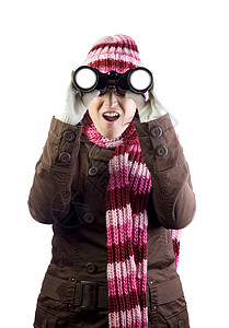 圣诞节女孩夹克女性眼镜镜片帽子枝条手套羊毛望远镜庇护所背景图片