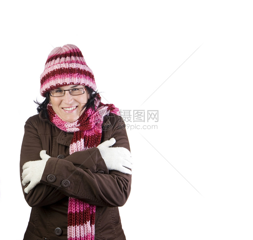 圣诞寒冷的女孩眼镜女士羊毛枝条寒意帽子夹克庇护所温度手套图片