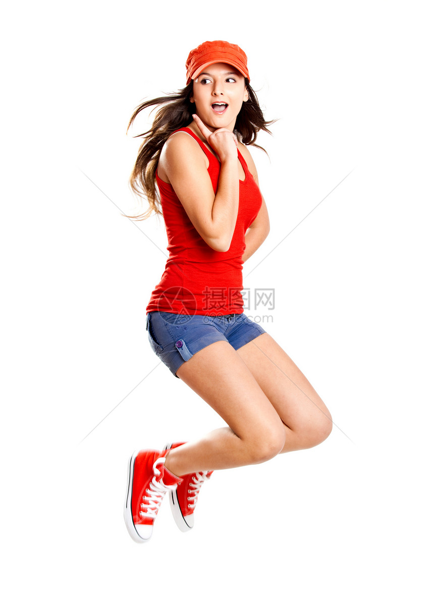 跳跃帽子女士女性活动微笑快乐青少年白色黑发女孩图片