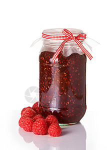 草莓果酱白色生产收成蜜饯覆盆子玻璃食物丝带红色浆果背景图片