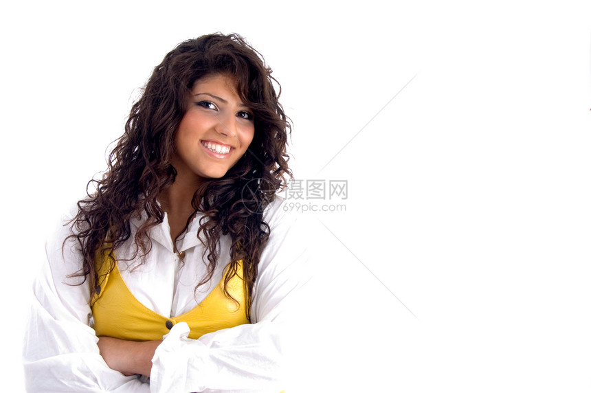 微笑的年轻女子肖像衣服冒充女性数字青年水平姿势白色魅力快乐图片